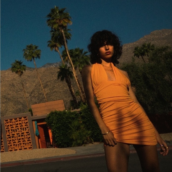 ZARA Orange Halter Ruched Mini Dress - Picture 3 of 13